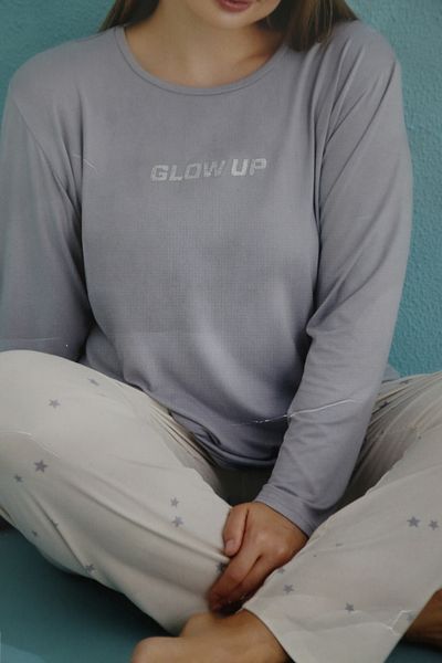 Mihra Crew Neck Gray Battal Mi̇lan Pajama Set