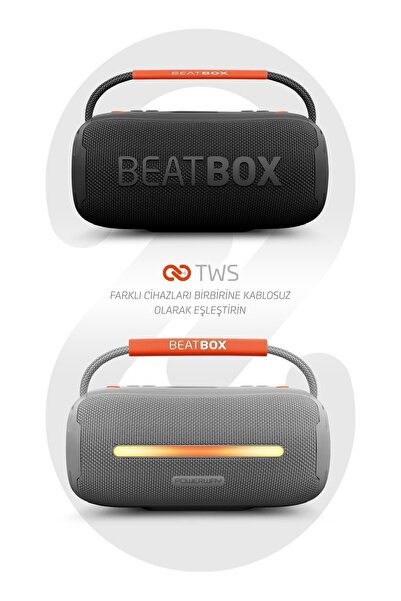 POWERWAY Beatbox Siyah Led Işıklı Dayanıklı Ses Bombası Usb Sd Aux Fm Radyo Bluetooth Hoparlör