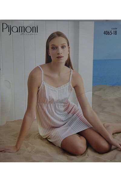 Pijamoni V-Neck Lace Detailled Colorful Striped Nightgown with Ip Straps