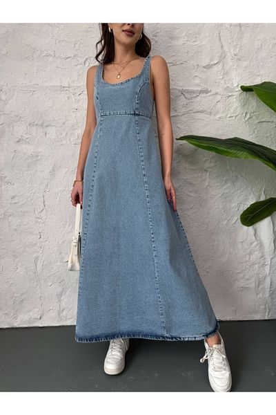 Elif Özbey Butik Rochie lungă de jeans cu cusături albastre