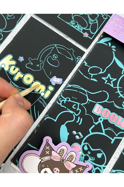 ZeCo Collection Magic Black Scratch Pad with Sanrio Characters 4 Sheets Scratch Painting Kuromi