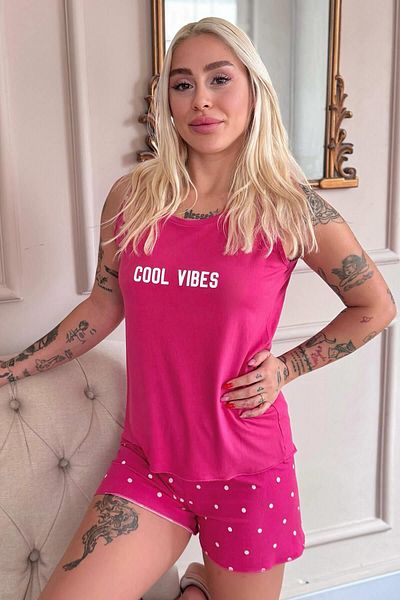 Pijamaevi Pink Cool Vibes Patterned Bamboo Women's Pajama Set with Zero Sleeve Shorts