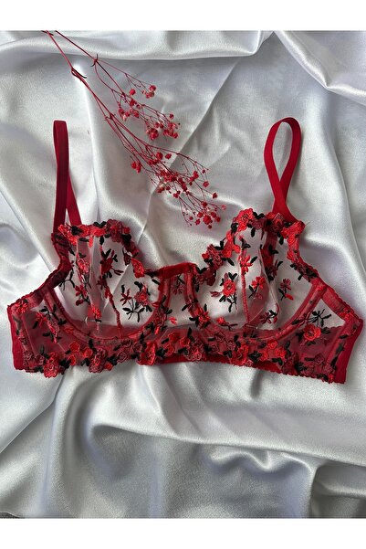 Gift Wrap Kırmızı Çiçekli Dantelli Sütyen
