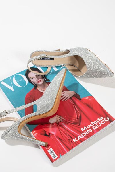 es exello Pantofi cu toc înalt și subțire Kylie Back Open Silver Glitter