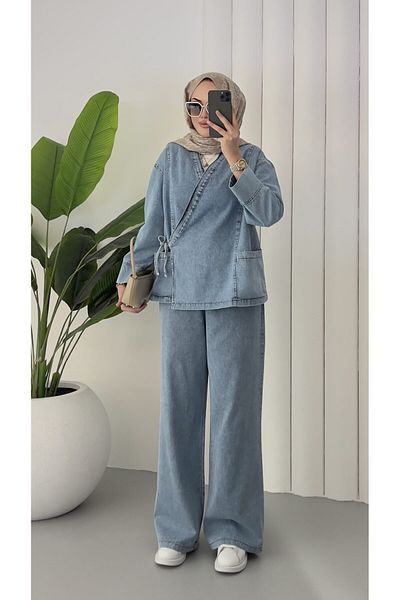 Molly Nelly Women's Blue Denim Pants Side Lace Detailed Blouse Set