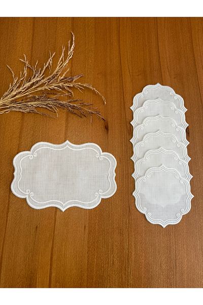 Smiling Home 6 Pieces Ecru Color Linen Ivy Pattern & 1 Piece Tray Cover