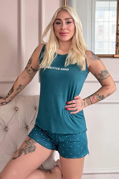 Pijamaevi Petrol Positive Mind Patterned Bamboo Women's Pajama Set with Zero Sleeve Shorts