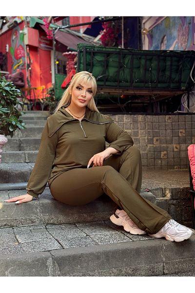 MODA طقم نسائي مقاس كبير بياقة بسحاب وثنرين مع بنطال مخطط مكوي