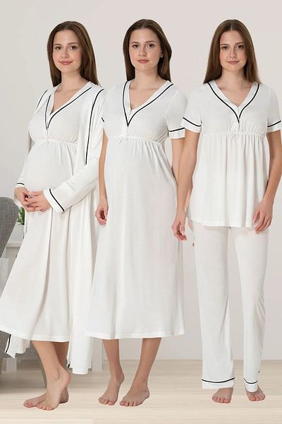 by İGP Ecru Maternity Maternity Dressing Gown Nightgown Pajamas Set 4 Piece Maternity Set