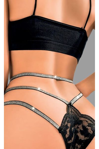 Cooqpoo Μαύρο S/M - L/XL Μέγεθος 3 σειρών Δαντέλα Full Stone Thong Γυναικείο εσώρουχο