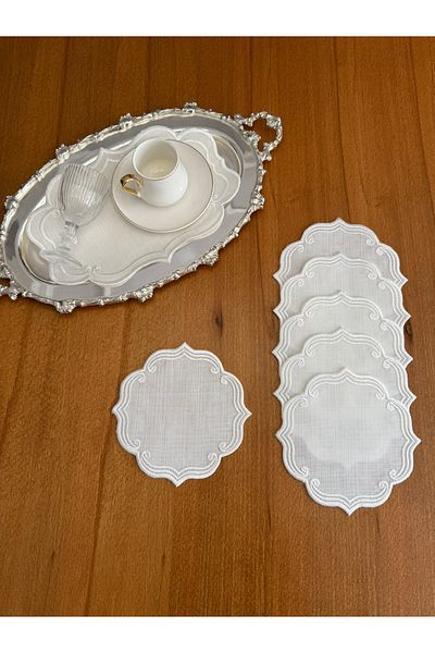 Smiling Home 6 Pieces Ecru Color Linen Ivy Pattern & 1 Piece Tray Cover