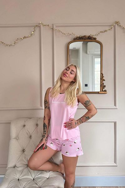 Pijamaevi Light Pink Mignonne Patterned Bamboo Women's Pajama Set with Zero Sleeve Shorts