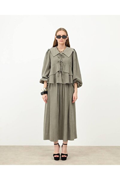 Molly Nelly Women's Suede Shawl Collar Long Sleeve Khaki Blouse Skirt Set