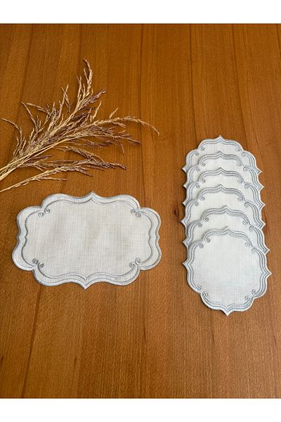 Smiling Home 6 bucăți de in, culoare argintie, șervețel de prezentare cu model de iederă și 1 bucă de cârpă de tavă cu model de iederă