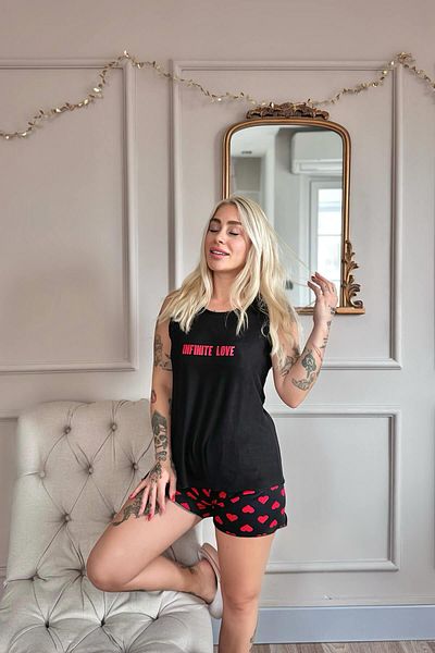 Pijamaevi Black Red Infinite Love Patterned Bamboo Women's Pajama Set with Zero Sleeve Shorts