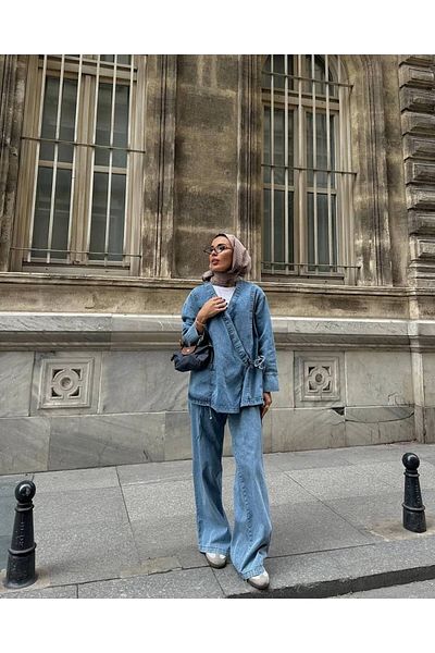 Molly Nelly Women's Blue Denim Pants Side Lace Detailed Blouse Set
