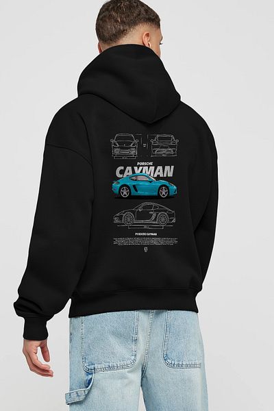 Ankhises Hanorac cu glugă supradimensionat negru cu imprimeu în spate Porsche CAYMAN BLUE Bărbați Femei