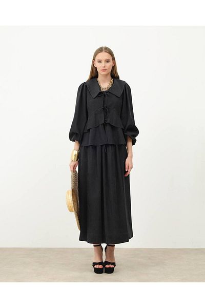 Molly Nelly Women's Suede Shawl Collar Long Sleeve Black Blouse Skirt Set