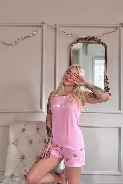 Pijamaevi Dark Pink Cute Patterned Bamboo Women's Pajama Set with Zero Sleeve Shorts