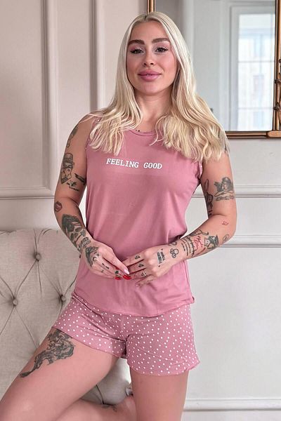 Pijamaevi Powder Feeling Good Patterned Bamboo Women's Pajama Set with Zero Sleeve Shorts