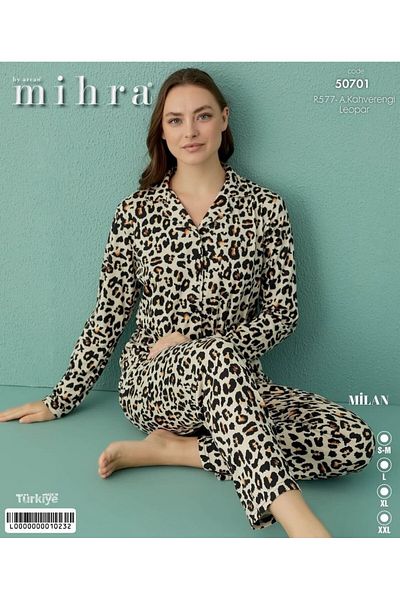 Mihra Front Buttoned Brown Leopard Printed Milan Fabric Pajama Set