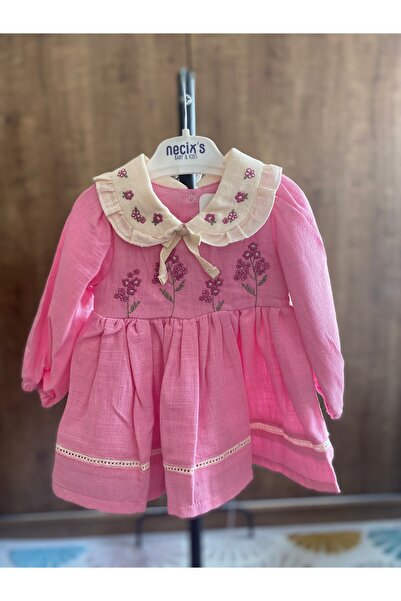 Baby KETEN NAKIŞLI PEMBE BEBEK ELBİSESİ, BAYRAMLIK KIZ BEBEK ELBİSESİ