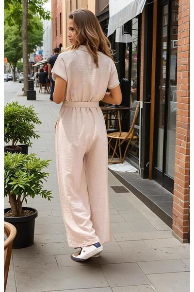 Pasaklı Giyim Women's Stone Short Sleeve Loose Wide Leg Pocket Belted Casual Jumpsuit 3405430