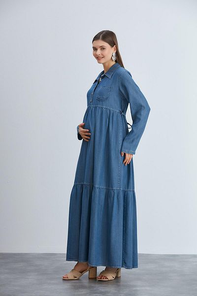 LİYACA ROCHIE DE MATERNITATE DE MATERNITATE, CU BUTONUL IN FATA, GULER POLO, ALACRITARE, ROCHIE DE DENIM DE MATERNITATE