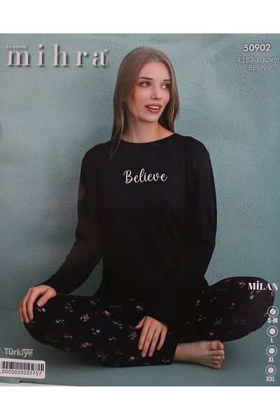 Mihra Zero Collar Navy Blue Flowery Milan Fabric Pajama Set