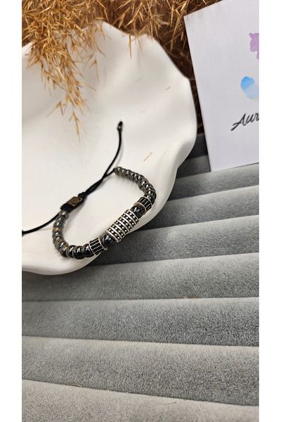 AURA Men's Macrame Natural Stone Bracelet, Hematite and Zircon Stone