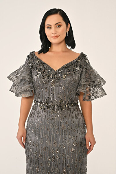 ALFABETA KADIN ABİYE V YAKA VOLAN KOL PAYET ŞIK UZUN ELBİSE