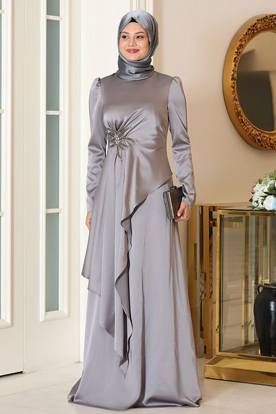 FUVAL MODA Rosa Waist Stone Detailed Hijab Evening Dress