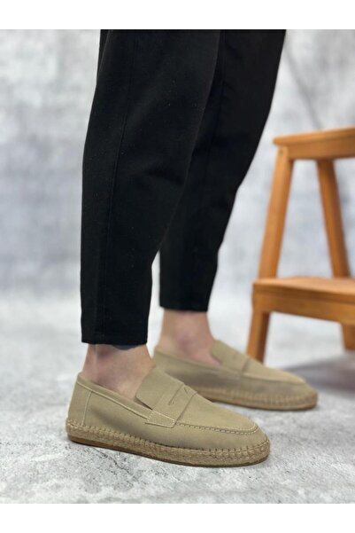 BPM Doğal Deri Tozu Bağcıksız Kauçuk El Yapımı Espadril Taban Krem Renk Erkek Ayakkabı