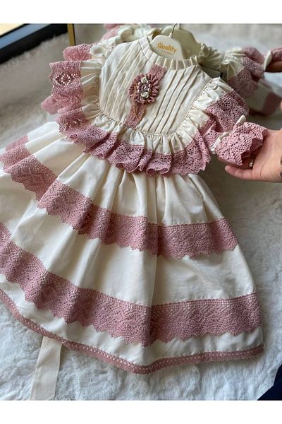 Sare Çocuk Giyim Girl's Special Design Vintage Powder Lace Antiallergic Princess Evening Dress + Buckle