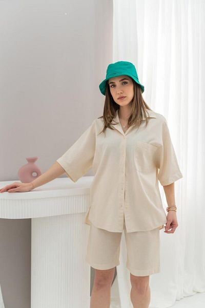 modaserdem Beige Short Sleeve Linen Shirt and Shorts Set