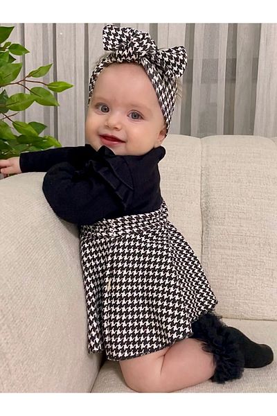 Jammybaby Houndstooth Print Shoulder Ruffle Baby Girl 100% Cotton Camisole Bell Cut Dress Bandana Set