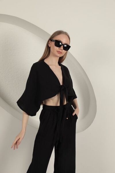 FTT SHOPPING MARKET Muslin Fabric Kimono-Black