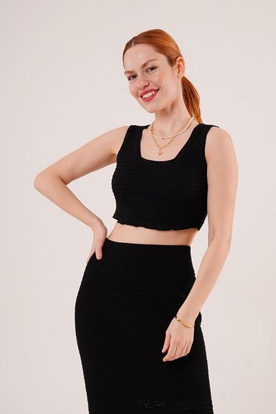 JANES Knitted Detailed Skirt and Blouse Black Set