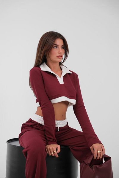 trend henna Polo Neck Garnished Crop Sweatshirt