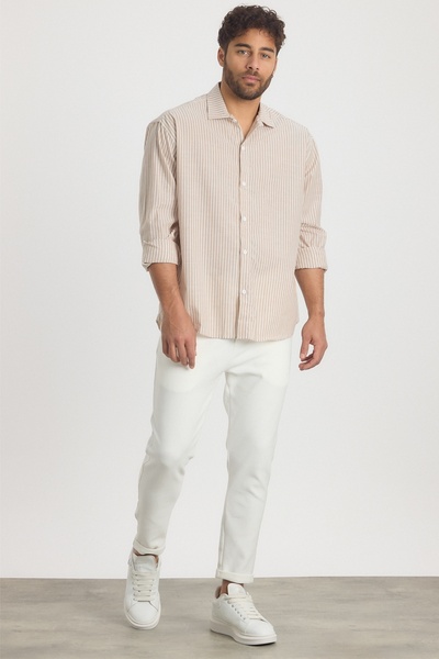 MADZEYMODA Преміум чоловіча сорочка в смужку з льону кольору екрю LS-13024