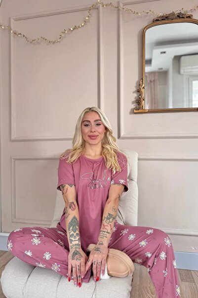 Pijamaevi Powder Smile Everyday Patterned Bamboo Short Sleeve Women's Pajama Set