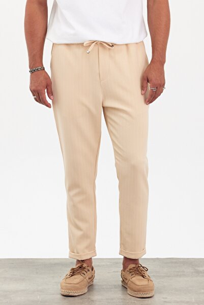 MADZEYMODA Ανδρικό μπεζ παντελόνι Boyfriend με ελαστική μέση διπλή γραμμή