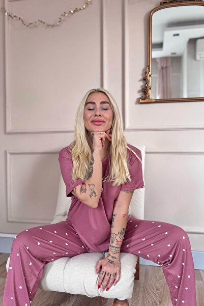 Pijamaevi Pudra Grateful Heart Desenli Bambu Kısa Kol Kadın Pijama Takımı