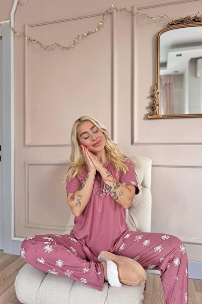 Pijamaevi Powder Smile Everyday Patterned Bamboo Short Sleeve Women's Pajama Set