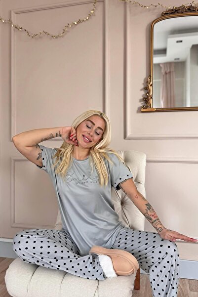 Pijamaevi Gray Smile Everyday Patterned Bamboo Short Sleeve Women's Pajama Set