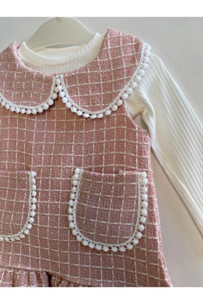 GÜNEŞ KİDS Şanel Kumaş Bebe Yaka Kız Çocuk Bebek 2'li Elbise Bayramlık