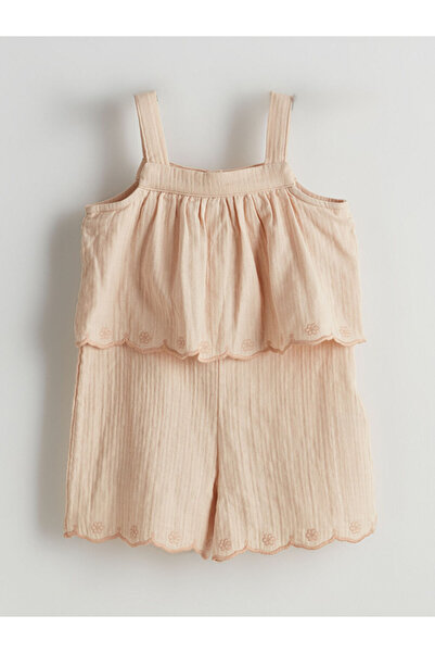 LC Waikiki Beige Square Collar Ruffled Girl's Salopet