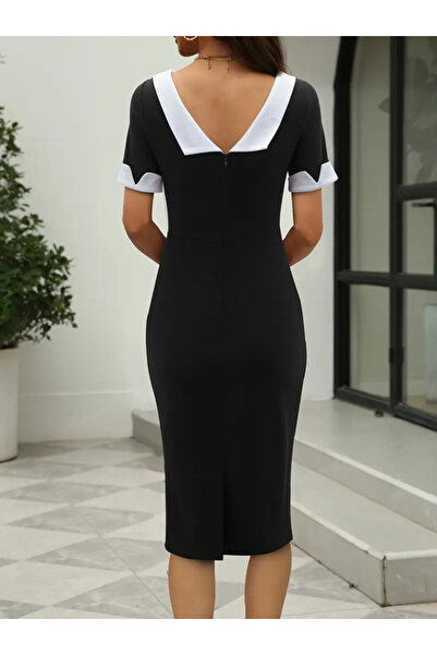 Masspera Γυναικείο κοντομάνικο λαιμόκοψη Εισαγόμενο κρεπ φόρεμα με λαιμόκοψη στην πλάτη