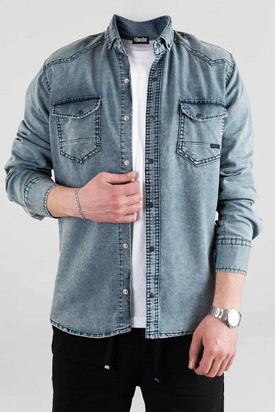 bombe Ανδρικό τζιν πουκάμισο Slim Fit γαλάζιο