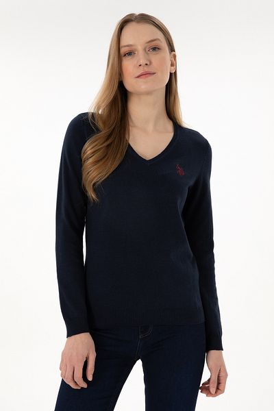 U.S. Polo Assn. Pulover de bază de damă bleumarin cu decolteu în V 50293542 -VR033